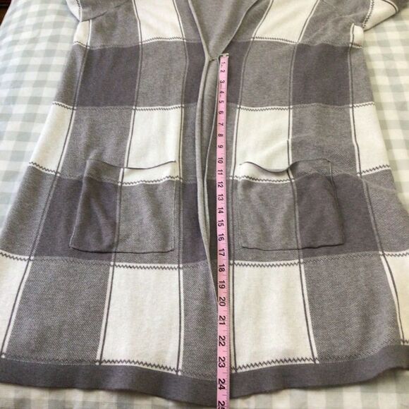LONG duster long sweater Cardigan Robe plaid grey white pockets XL - Picture 8 of 14